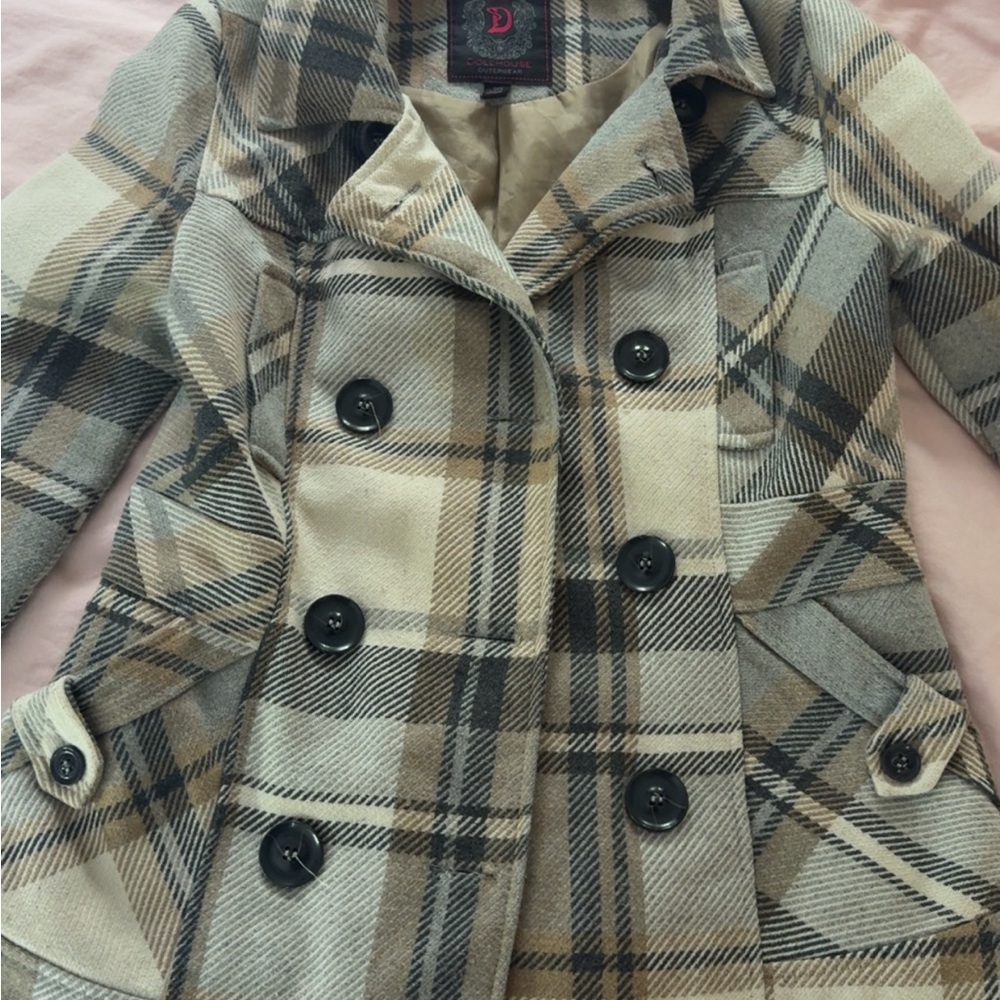 Dollhouse Women's Plaid Pea Coat in Gray and Tan